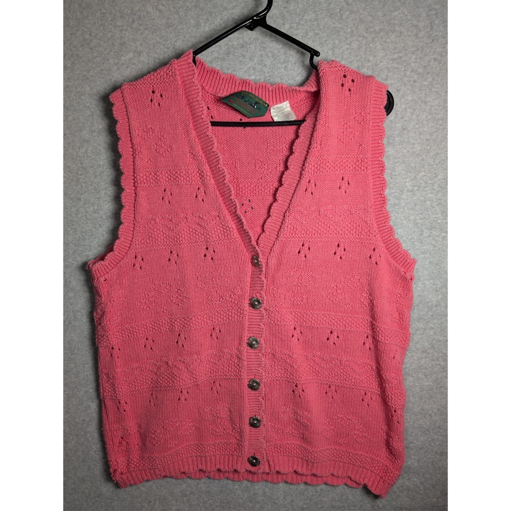 Northern Reflections Sweater Vest Lg Vintage Pink Pointelle Knit Flower Grandma